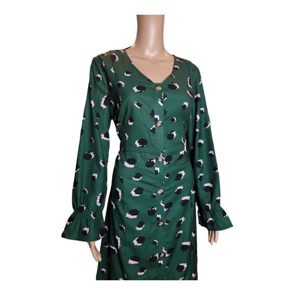 Journey Five Women's V Neck Shift Dress Patterned Button Long Sleeve Green Large - Picture 3 of 5